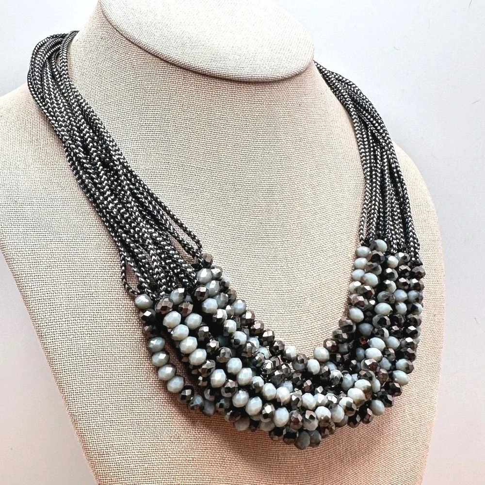 Chic Cluster Statement Necklace Black Gray Faceted Hematite Crystal Multi Strand